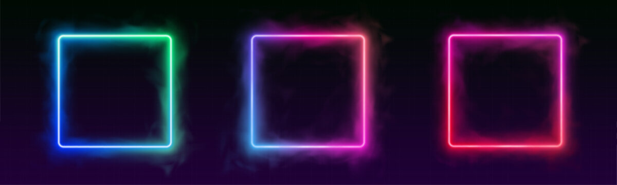 Futuristic neon square and circle frames with glowing gradient edges. Transparent background ideal for UI, banners, and digital interface accents. Perfect PNG for modern tech design.