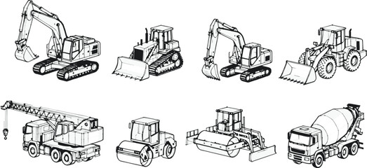 Obraz premium Construction equipment illustrations in monochrome against the blank backdrop. Showcasing a range of vehicles and machines.