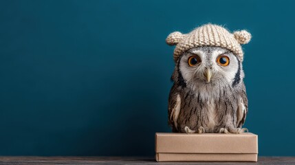 Small owl wearing a knitted winter cap sits atop a cardboard box against a deep teal background