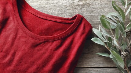 Rich crimson garment top lies folded beside leafy green foliage on weathered wooden surface