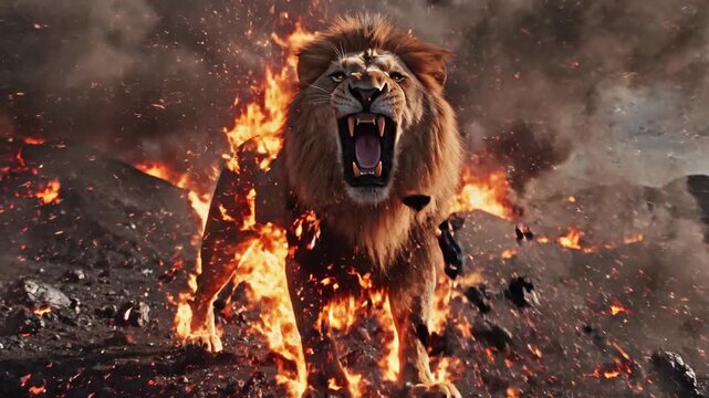 Majestic lion walks through a fiery, volcanic landscape, glowing red eyes piercing the scene