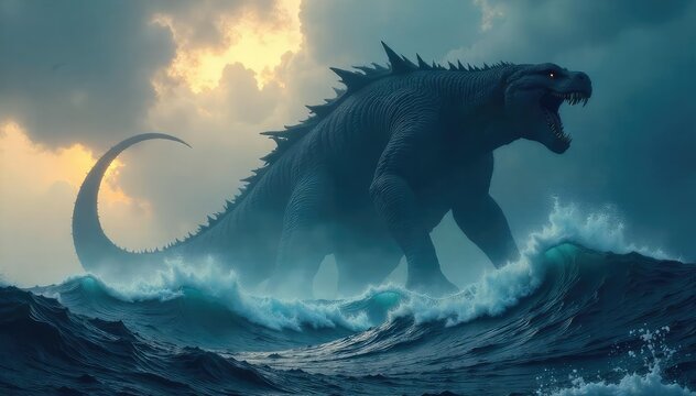 A colossal, shadowy leviathan breaches the waves, its immense form silhouetted against a stormy sky Ancient, terrifying, and powerful, it dominates the ocean's fury , threat, fear