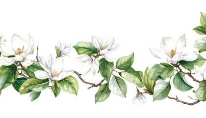 Obraz premium Delicate white magnolia flowers and green leaves on branches in a illutrastion transparent background