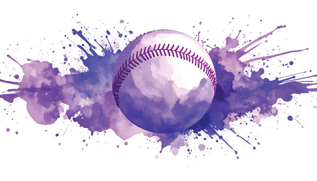 Dynamic baseball with purple watercolor splashes and splatters on a illutrastion transparent background