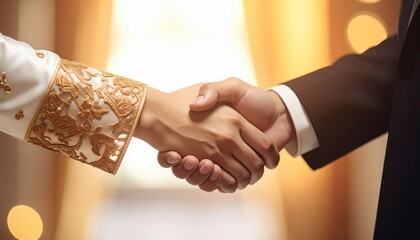 Business Partnership Agreement Handshake with Golden Embellished Suit and Dark Tuxedo Background Lights Warm Glow Partnership Success Unity Trust Collaboration Meeting