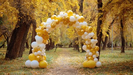Golden balloon archway frames a park path lined with autumnal trees