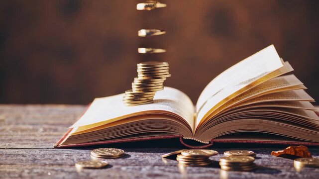 Open book with coins stacked and scattered on wooden table