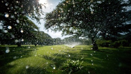 Lush green parkland bathed in sunlight, with sprinkler mist creating bokeh