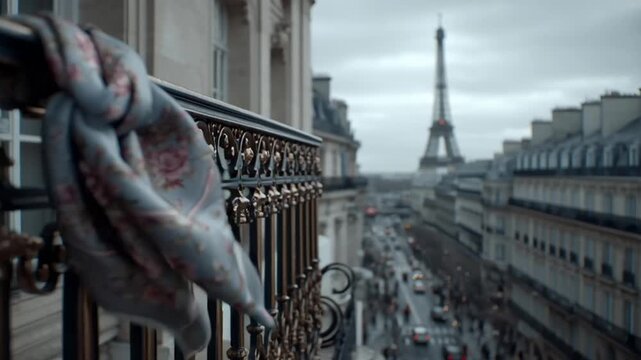 Valentine's Day: A video showcasing a pair of gloves hanging on a balcony railing with the Eiffel Tower in the background on a cloudy day in Paris