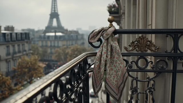Valentine's Day: A video showcasing a stylish scarf hanging on a balcony railing overlooking the Eiffel Tower in Paris on a cloudy day