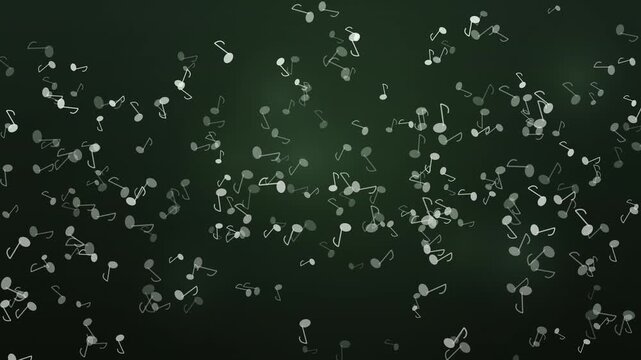 Abstract musical notes float against a dark green background