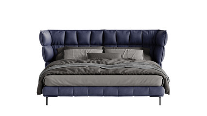 Obraz premium Leather double blue bed with a blanket and pillows. 