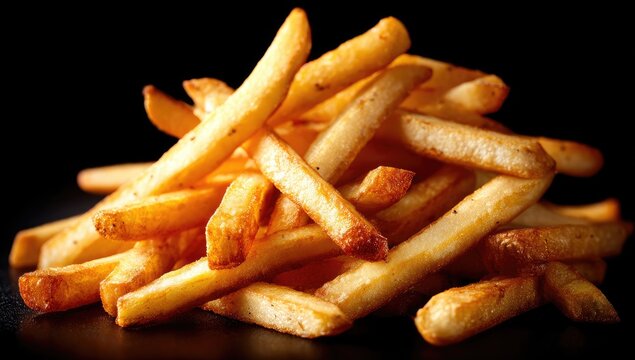 A pile of golden-brown, crisp French fries against a dark background