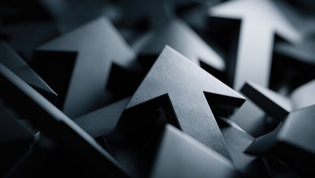 A pile of 3D dark gray arrows pointing upwards, suggesting progress