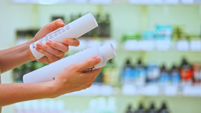 Woman compares and chooses hair care products in the store, carefully examining and reading option labels to make an informed purchasing decision.