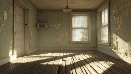 Fototapeta premium Dilapidated room with peeling paint, worn wooden floor, and sunlit windows