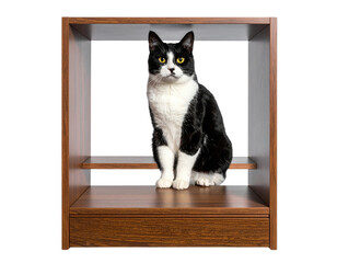 A stylish black and white cat sitting gracefully inside a wooden shelf, showcasing its elegant posture.