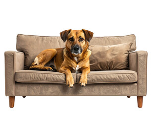 A relaxed dog lounging comfortably on a cozy couch, showcasing a warm home environment.