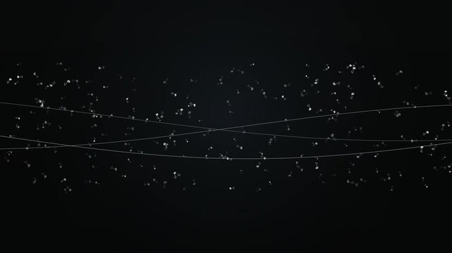 Abstract musical notes float against a dark background