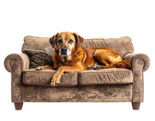 A relaxed dog lounging comfortably on a cozy sofa, showcasing the warmth of companionship and home life.