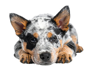 Adorable Australian Cattle Dog puppy resting with curious expression, showcasing beautiful coat patterns and playful demeanor.