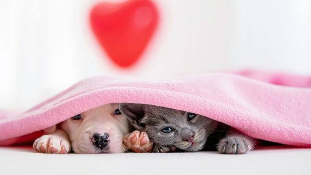 Tiny besties Valentine vibe: puppy and kitten cuddled under a pink blanket with a red heart in the background, cozy cute overload, soft light, wholesome friendship energy, sweet snuggle mood, pure aww