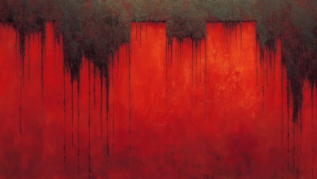 Abstract textured surface with dripping crimson and charcoal elements