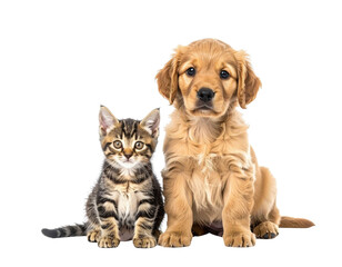 A playful puppy and a curious kitten sitting together, showcasing the bond between different pets.