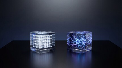 Two transparent glass cubes sit like opponents on a matte-black surface, one lit by an orderly lattice and the other by flowing filaments in a luxury studio scene.