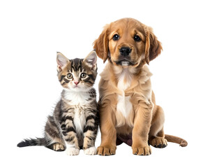 A playful kitten and a golden puppy sit together, showcasing the joy of companionship between pets.