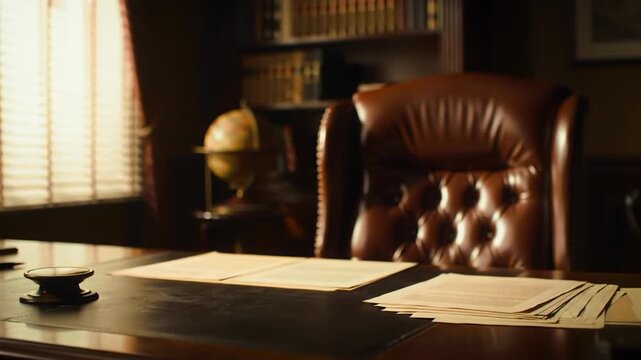 Elegant vintage office setup featuring a leather chair, globe, and documents on the desk.