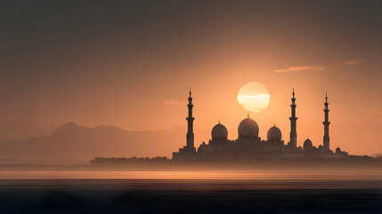 Ramadan mosque domes and minarets at golden sunrise with misty horizon