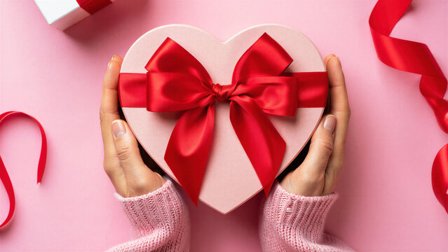 Heart-shaped gift box with red ribbon on pink background, valentines day celebration, love gesture, romantic gift, february 14 surprise, sweet affection, thoughtful present, celebration of love