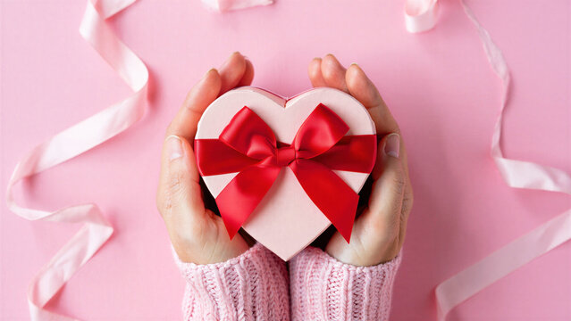 Hands holding heart gift box with red bow on pink background, coquette vintage aesthetic, valentines day galentines self love, date night surprise, soft pink decor, romantic mood, dreamy