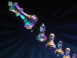 Chess pieces suspended in motion with iridescent surfaces and dynamic lighting