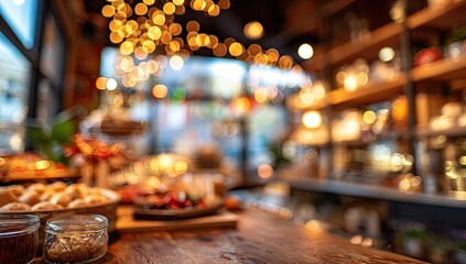 Warm, inviting cafe interior with blurred, glowing lights and food displays