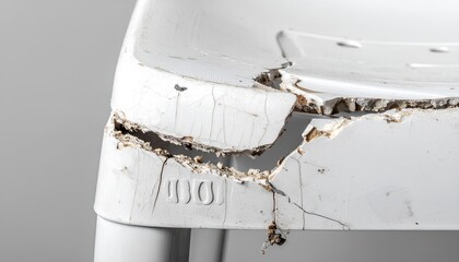 Shattered white plastic garden chair with jagged broken edge close up