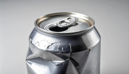 Dented silver aluminum soda can with unopened pull tab isolated