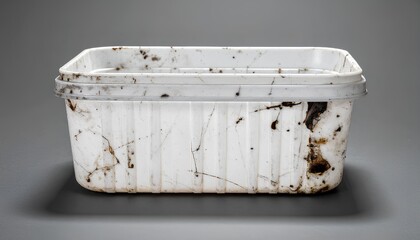 Filthy white plastic food container with grime and scratches isolated