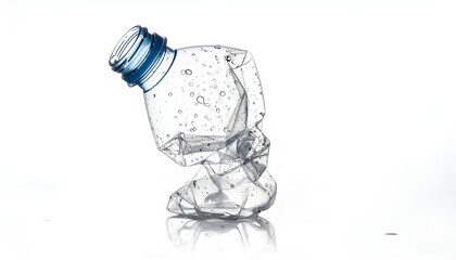 Crushed clear plastic water bottle with blue cap and droplets isolated