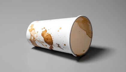 Used white paper coffee cup with brown spill stains lying on side