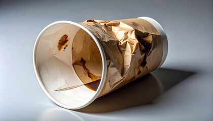 Crumpled disposable paper coffee cup with dark liquid residue inside