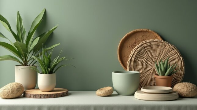 Escena de mesa verde apagado con materiales naturales, composici&oacute;n minimalista