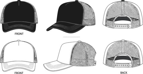 Trucker hat vector template, blank mesh back cap mockup, front side and back views, headwear technical drawing for fashion design, apparel illustration. (22 words) © Sagar Creative