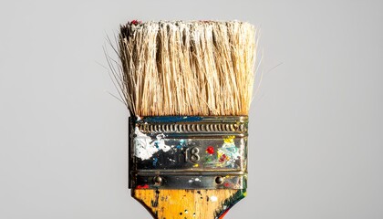Flat paint brush with wooden handle and color splatters on metal ferrule