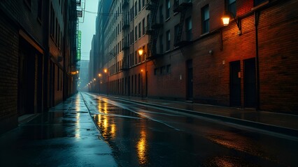 Fototapeta premium Rainy Urban Alley at Night with Wet Street and City Lights