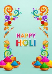 Naklejka premium Vibrant holi celebration with colorful powders and swirls on light blue background