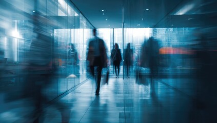 Fototapeta premium Blurred figures in a modern hallway, conveying movement and urban bustle