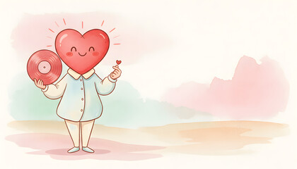 Watercolor illustration of a cute cartoon character with a heart head holding a red vinyl record and making a heart gesture. Pastel background, love, music, vinyl comeback, retro trend.