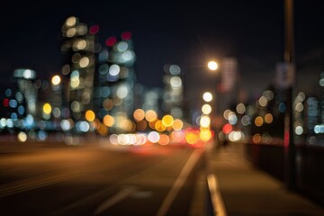 Blurry city lights at night from a moving vehicle
